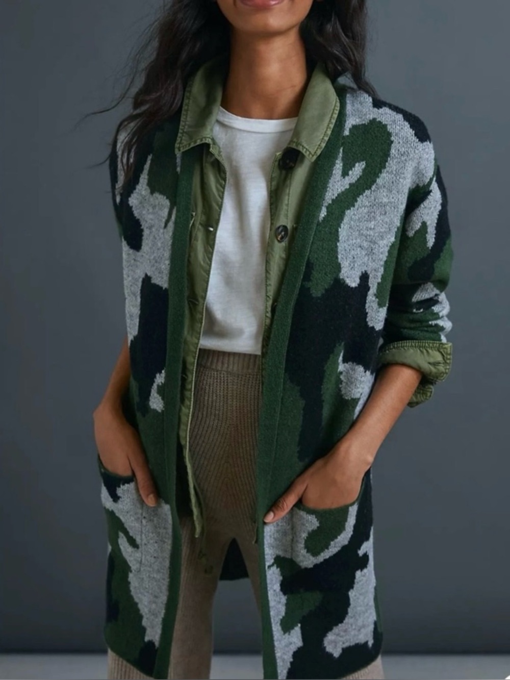 Anthropologie Kennie Camouflage Green Cardigan Size S